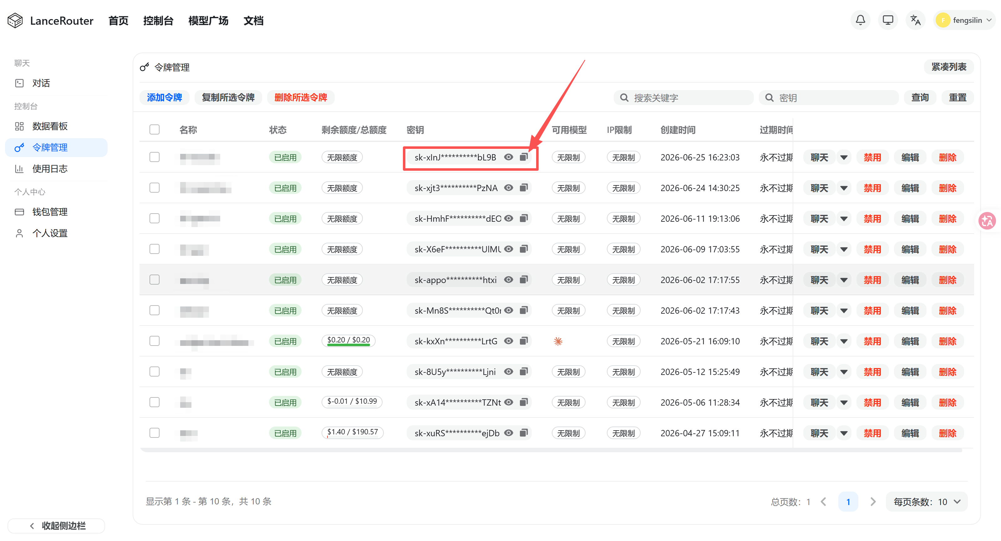 图 4:在令牌列表中复制 API Key